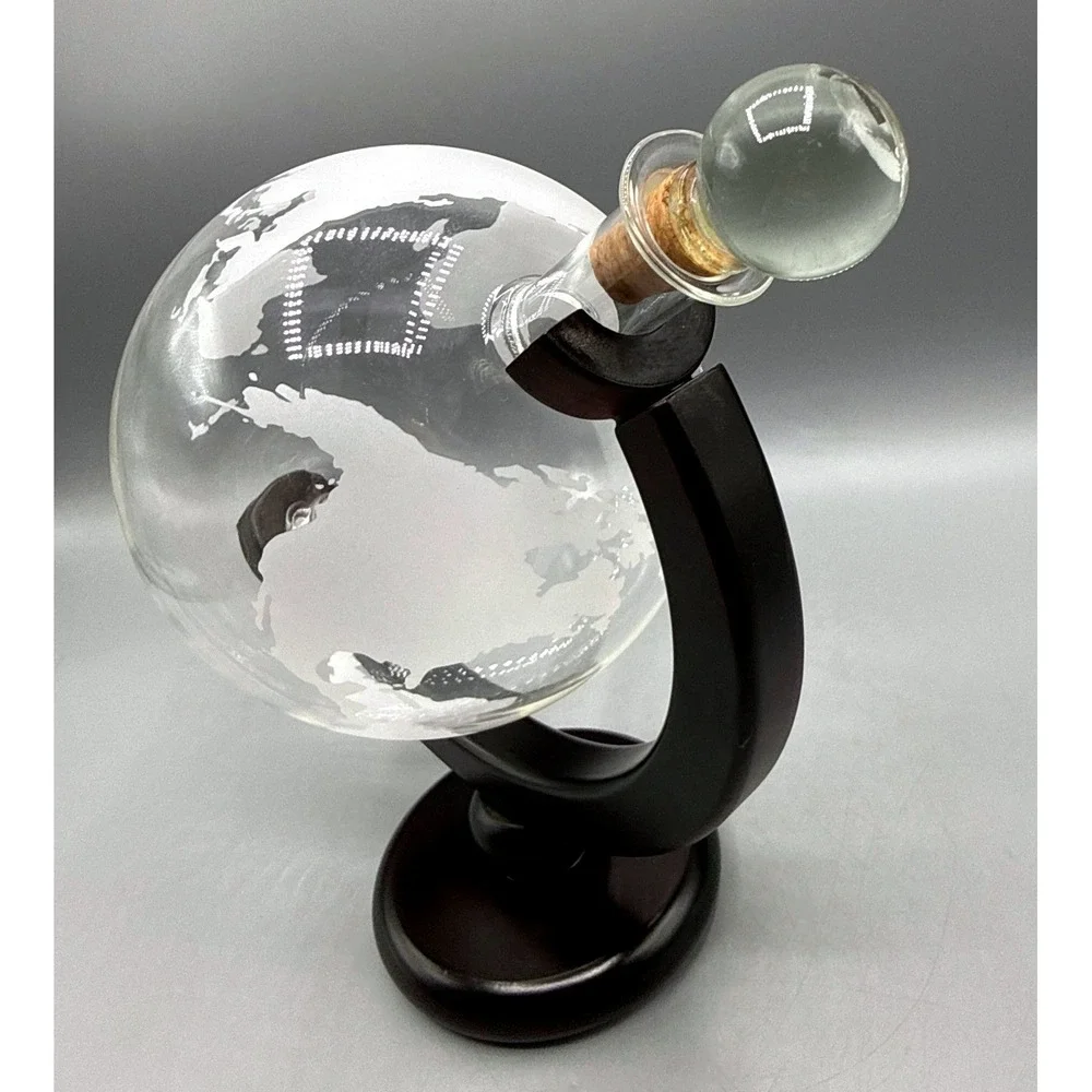 Etched Glass Rotating Globe Whiskey Decanter with Wooden Stand 850ml Barware